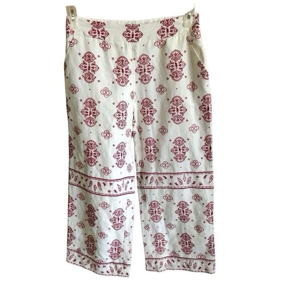 Eta:twa Anthropologie Jadida linen blend SZ 2 white red embroidered crop pants - Picture 1 of 7